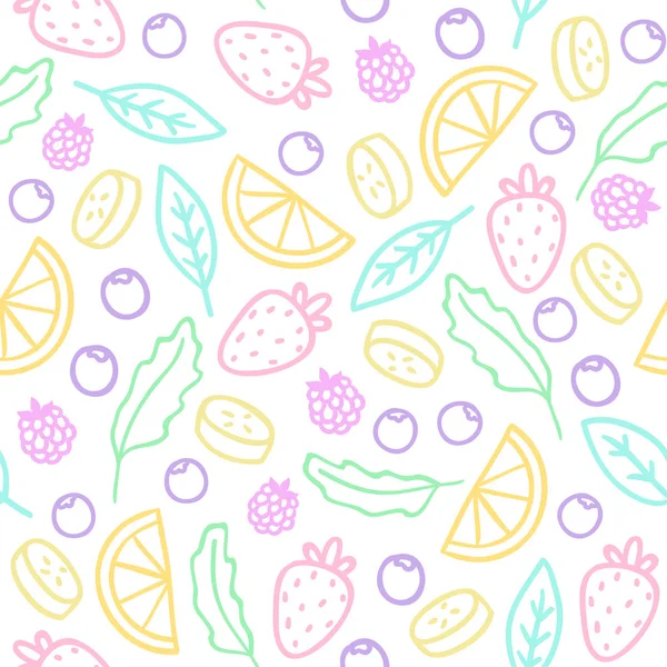 Doodle frutas, bagas, folhas. Padrão sem costura —  Vetores de Stock
