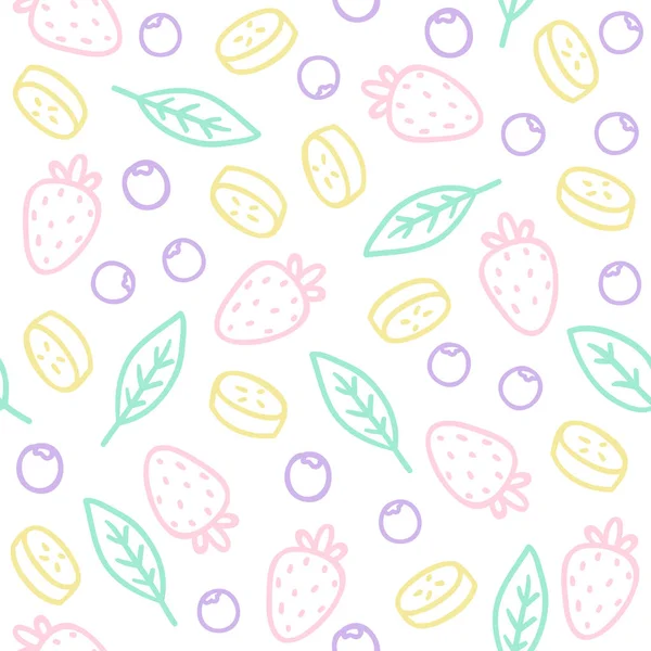 Doodle frutas, bayas, hojas. Patrón sin costura — Vector de stock