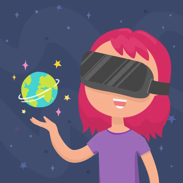 Menina em óculos de realidade virtual . —  Vetores de Stock