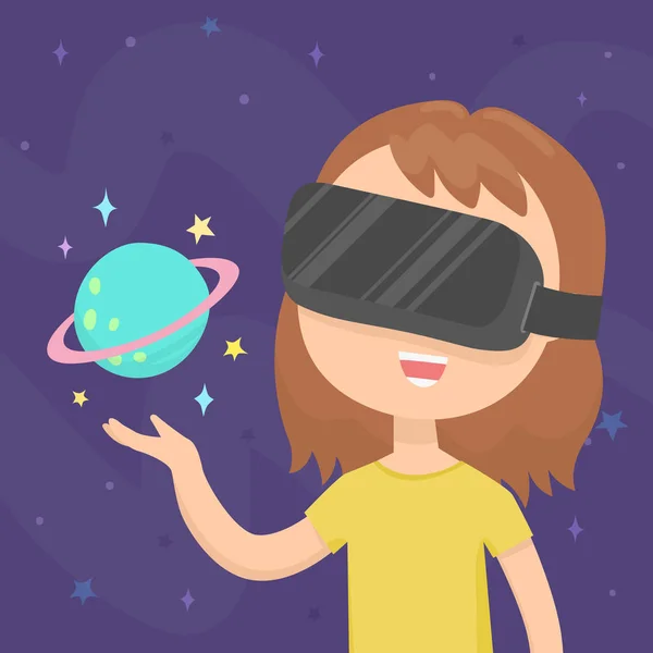 Fille portant une réalité virtuelle lunettes dans l'espace . — Image vectorielle