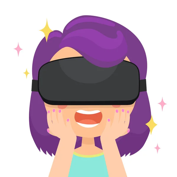 Chica en gafas de realidad virtual. Preguntándose . — Vector de stock