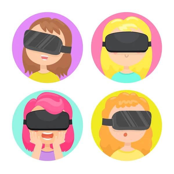 Cuatro chicas diferentes en gafas de realidad virtual . — Vector de stock