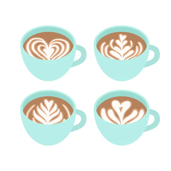 Four cups. Different drawings on coffee foam. — Stock Vector