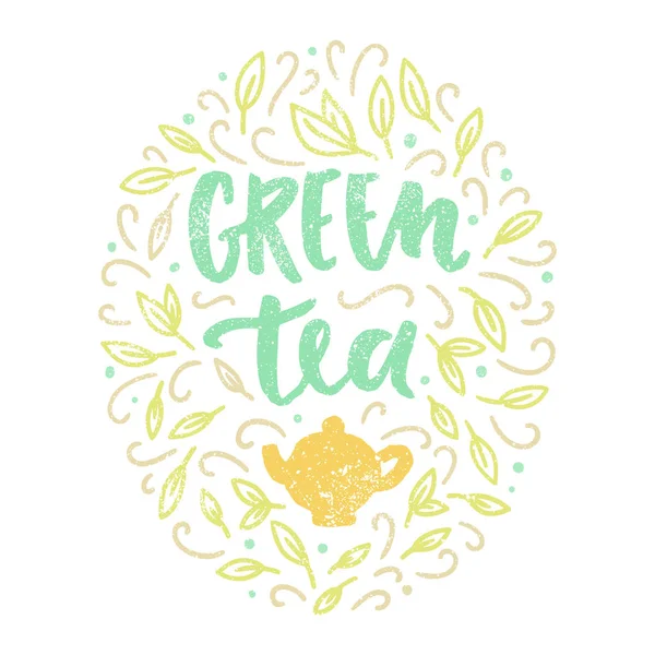 Green tea illustration. Lettering and doodles. — Stock Vector