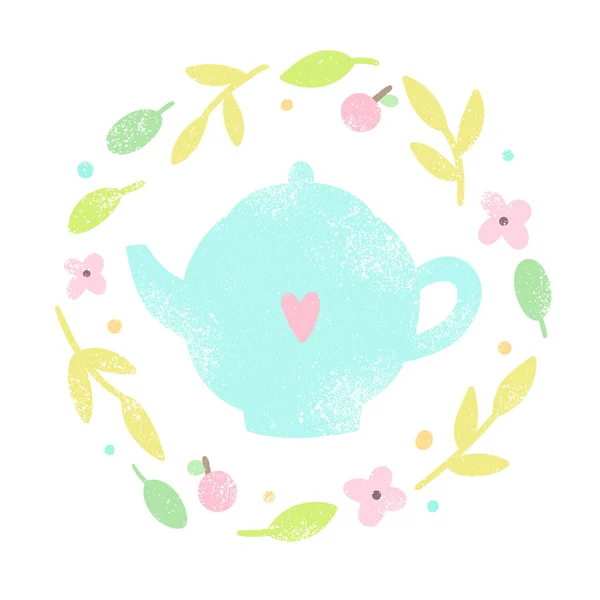 Cute teapot in a floral laurel. — Stock Vector