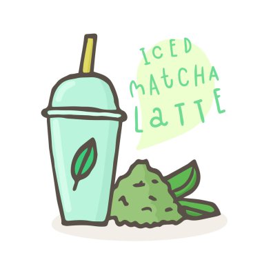 Buzlu matcha latte. Plastik bardak ve çay tozu.