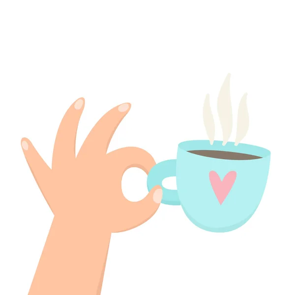 Hand som håller kopp med varm dryck. Kaffe, te. — Stock vektor