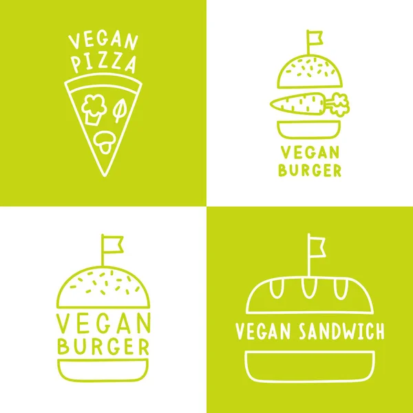 Zestaw ikon, wegańskie jedzenie. Burgery, pizza, sandwich. — Wektor stockowy