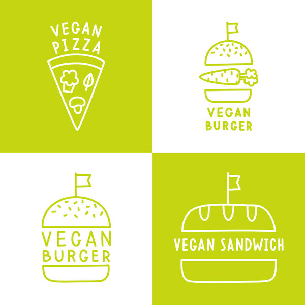 Set of vegan food icons. Burger, pizza, sandwich.