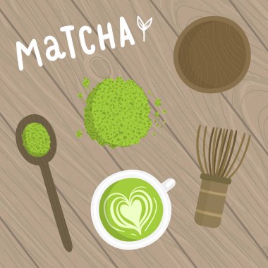 Matcha çay seti ahşap arka plan üzerinde.