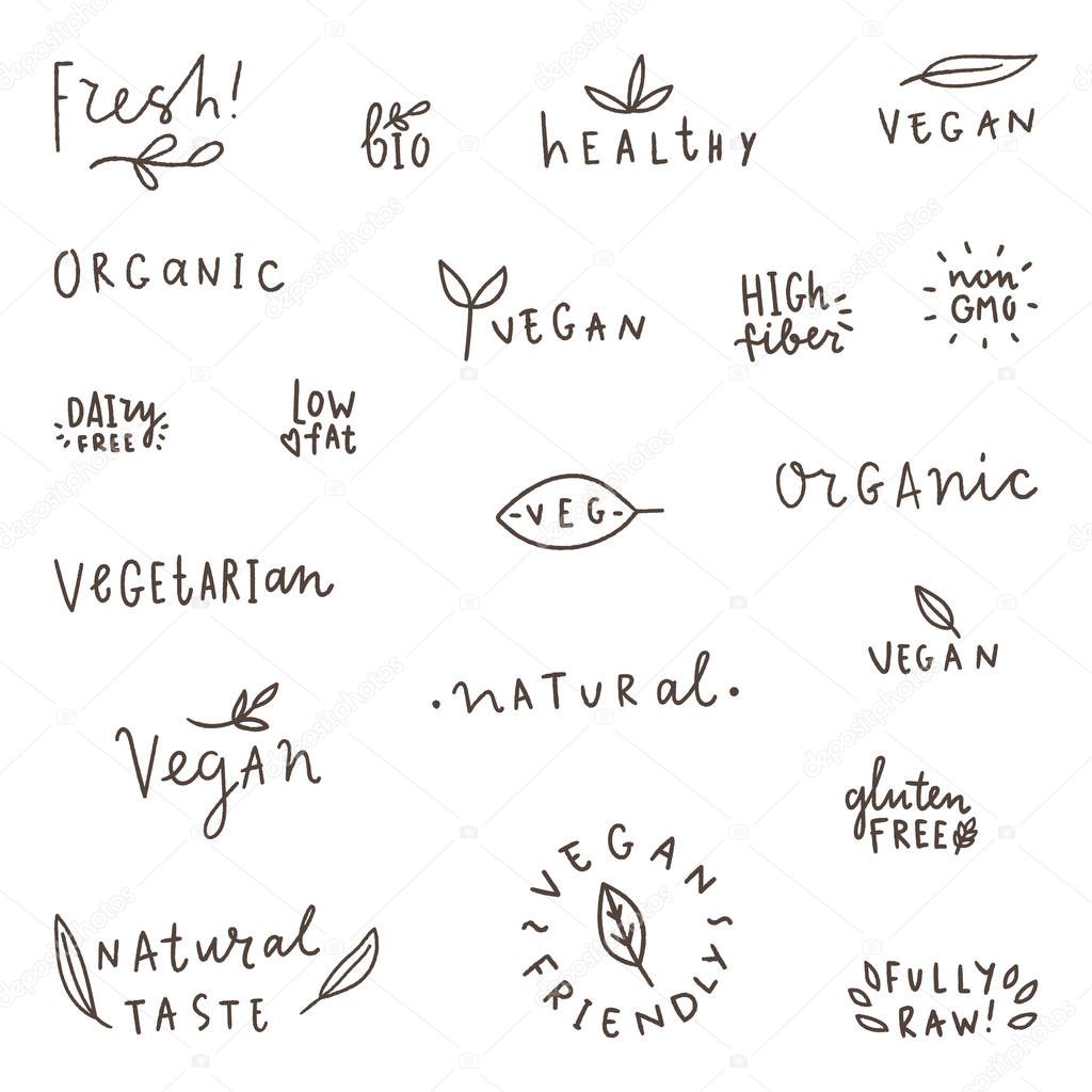 Set of natural, organic, vegetarian, vegan labels.