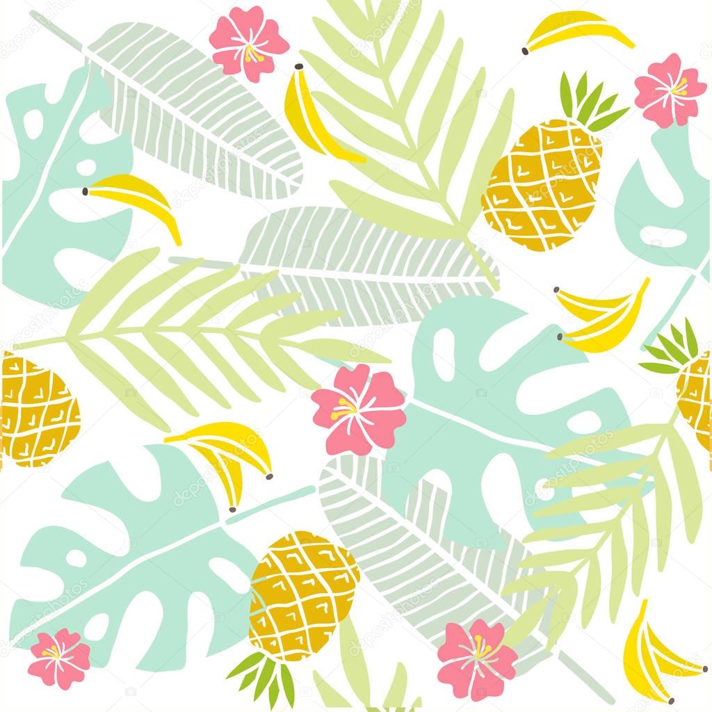 Tropical background. Palm leaves, exotic fruits.
