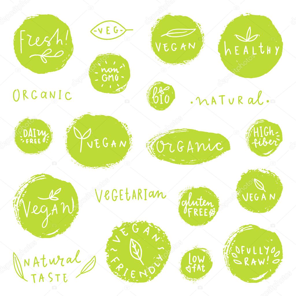 Set of hand drawn food badges. Natural, organic, vegan, bio etc. Vector labels