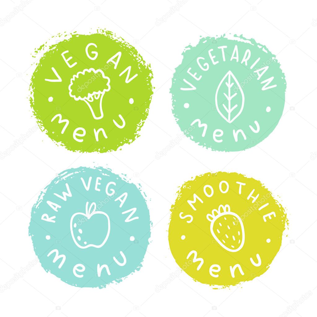 Vegan, vegetarian, raw, smoothie menu badges.