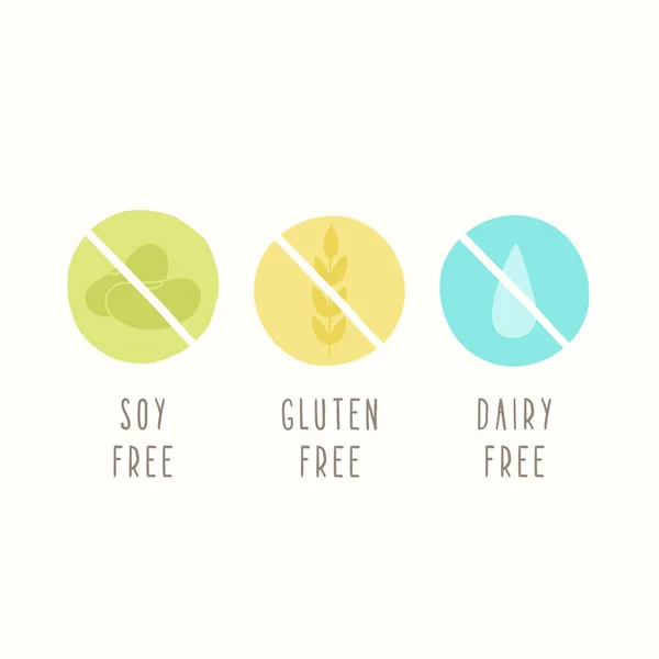 Soy, gluten, dairy free. Set of signs. — Stock Vector