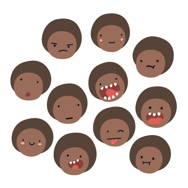 Sevimli siyah çocuk emoji. İzole yüzler. — Stok Vektör