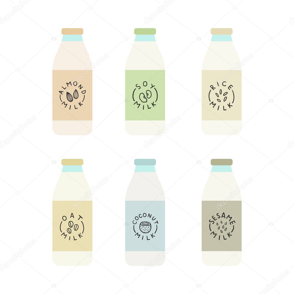 Set of plant based milk bottles.