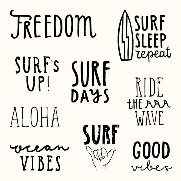 Set of surfing quotes. Hand drawn lettering — Stock Vector