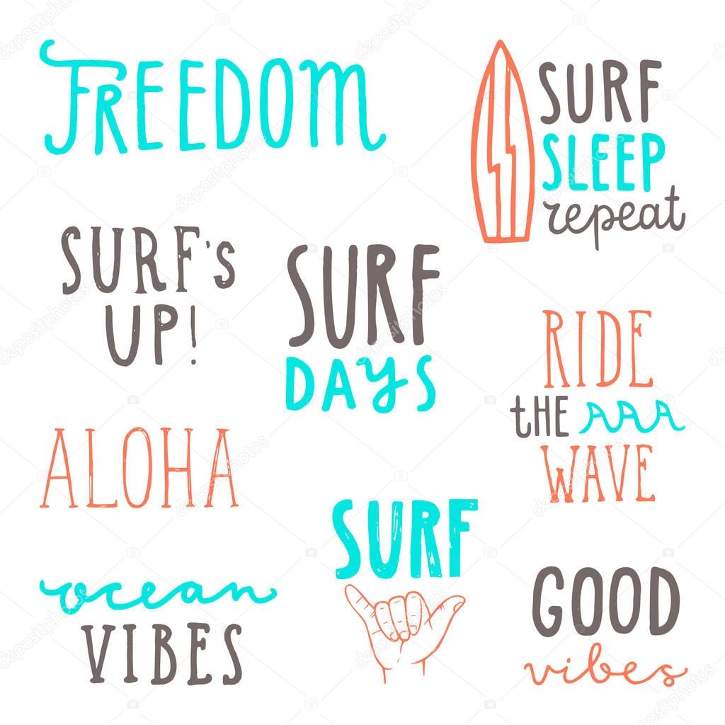 Surfing quotes. Set of vector hand drawn lettering.