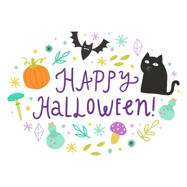 Feliz Halloween. Bonitos garabatos y letras — Vector de stock