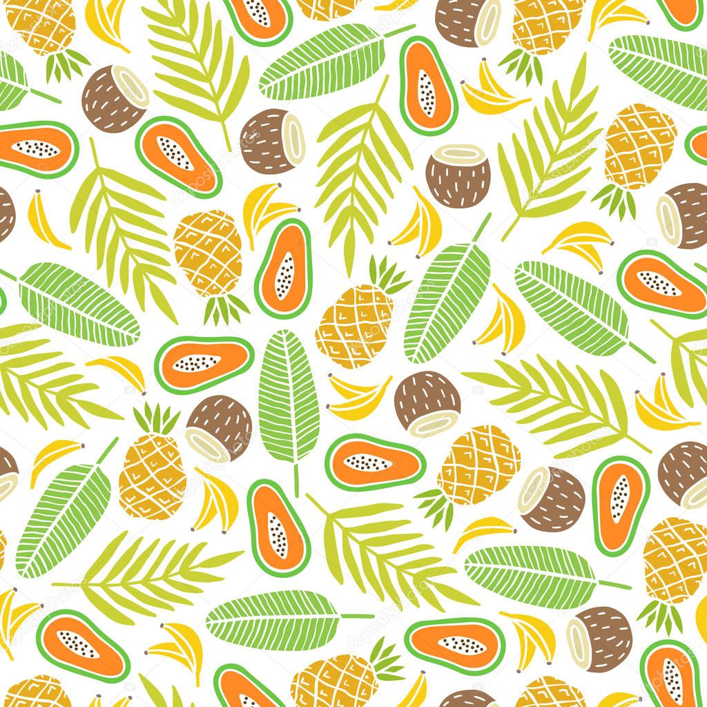 Awesome tropical fruits and palm leaves background. Vector hand drawn seamless pattern