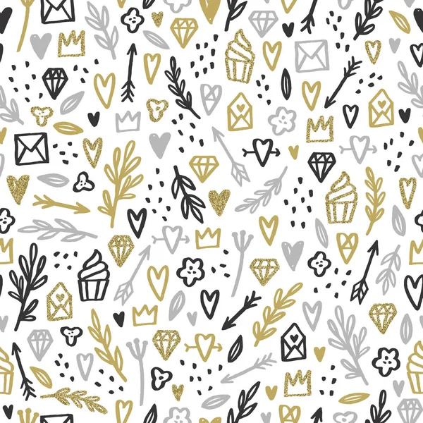 Romantische doodle achtergrond. Goud, zilver, glitter — Stockvector