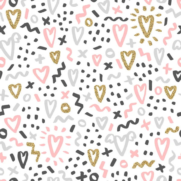 Cute Romantic Doodle Background Hand Drawn Paint Texture Objects Vector — ストックベクタ