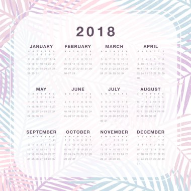 2018 yılbaşı takvimi. Tropik yapraklar yaz tasarımı. Vektör illüstrasyonu