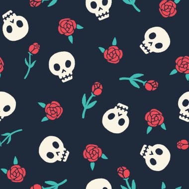 Kurukafalar ve güller. Vektör illüstrasyonu