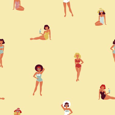 Plaj kızları kusursuz desenli. 50 'lerin konsepti. Vektör illüstrasyonu 