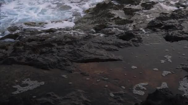 Olas rompiendo contra rocas en la costa del mar . — Vídeos de Stock