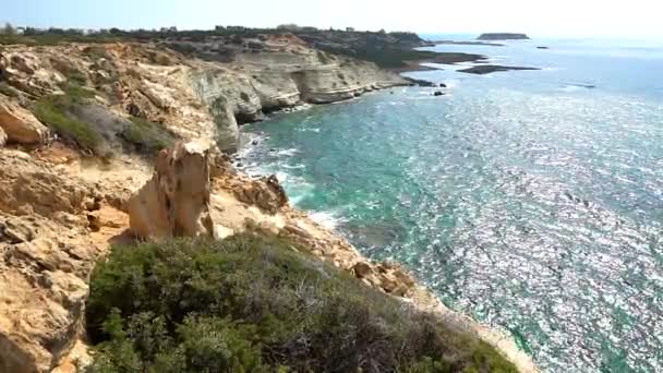 Beautiful sea landscape of the island of Cyprus with a rocky shore. — Stock Video