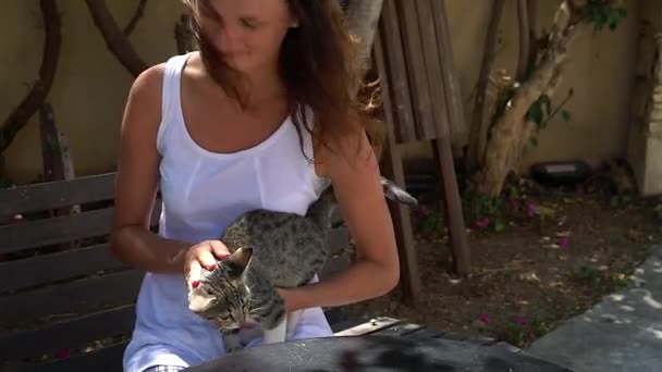 Chica jugando con lindo gatito — Vídeos de Stock