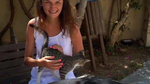 Chica jugando con lindo gatito — Vídeos de Stock