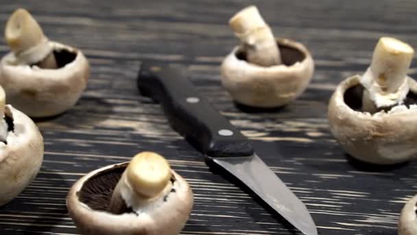 Cogumelos em um tabuleiro de madeira com uma faca . — Vídeo de Stock