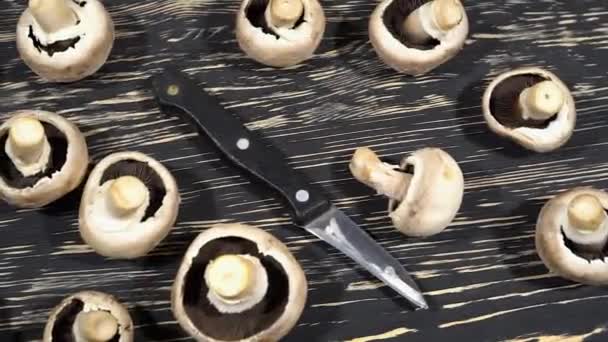 Mushrooms on a wooden board with a knife. — Stock Video