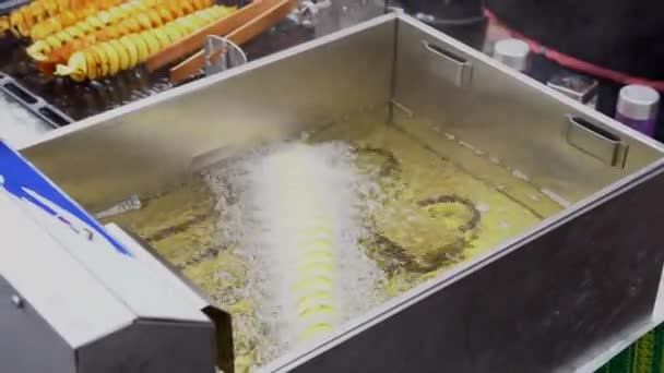 Friet koken in hete olie. Gebakken aardappelen. Aardappelen gebakken in olie. — Stockvideo