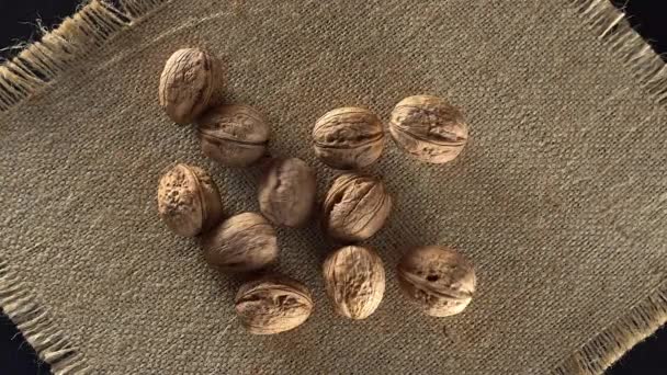 Walnuts on sackcloth. — Stock Video