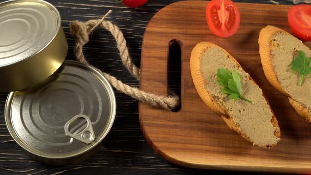 Fresh pate with bread on wooden table — Stock Video