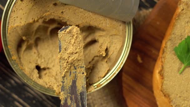 Fresh pate with bread on wooden table — Stock Video