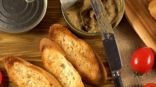 Fresh pate with bread on wooden table — Stock Video