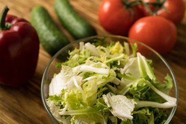 Salata ingridients. Domates, marul, kırmızı biber ve salatalık.