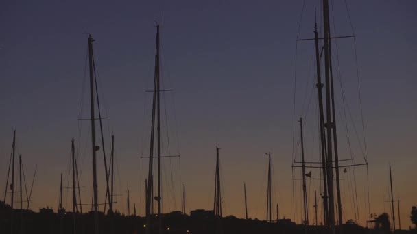 Rader av båtar vid bryggan på kvällen mot solnedgången himmel — Stockvideo