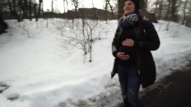 Красивая беременная женщина в зимнем парке — стоковое видео