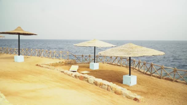 Ägypten, leerer Sonnenstrand mit Sonnenschirmen, Liegestühle am Roten Meer. — Stockvideo