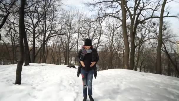Bella donna incinta nel parco invernale — Video Stock
