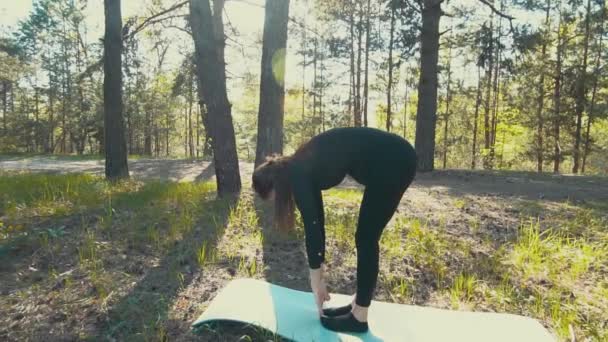 Unga gravid kvinna gör yoga utanför. — Stockvideo