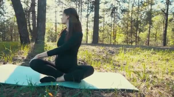 Jeune femme enceinte faisant du yoga à l'extérieur . — Video