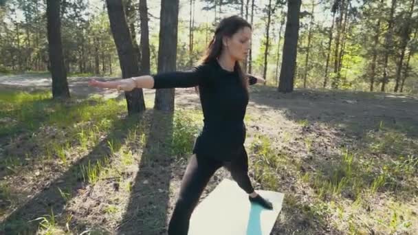 Joven embarazada haciendo yoga fuera . — Vídeo de stock