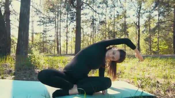 Jeune femme enceinte faisant du yoga à l'extérieur . — Video